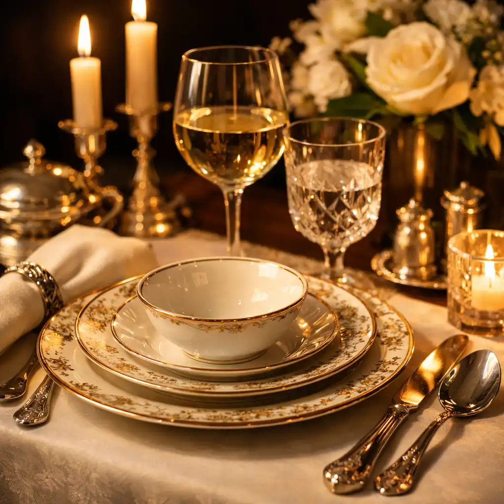 Elegáns terített asztal, finom porcelán, ezüst evőeszközök, gyertyafény