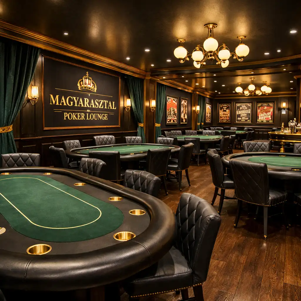A Magyarasztal Poker Lounge tágas belső tere több pókerasztallal, bársony függönyökkel és sárgaréz díszítéssel