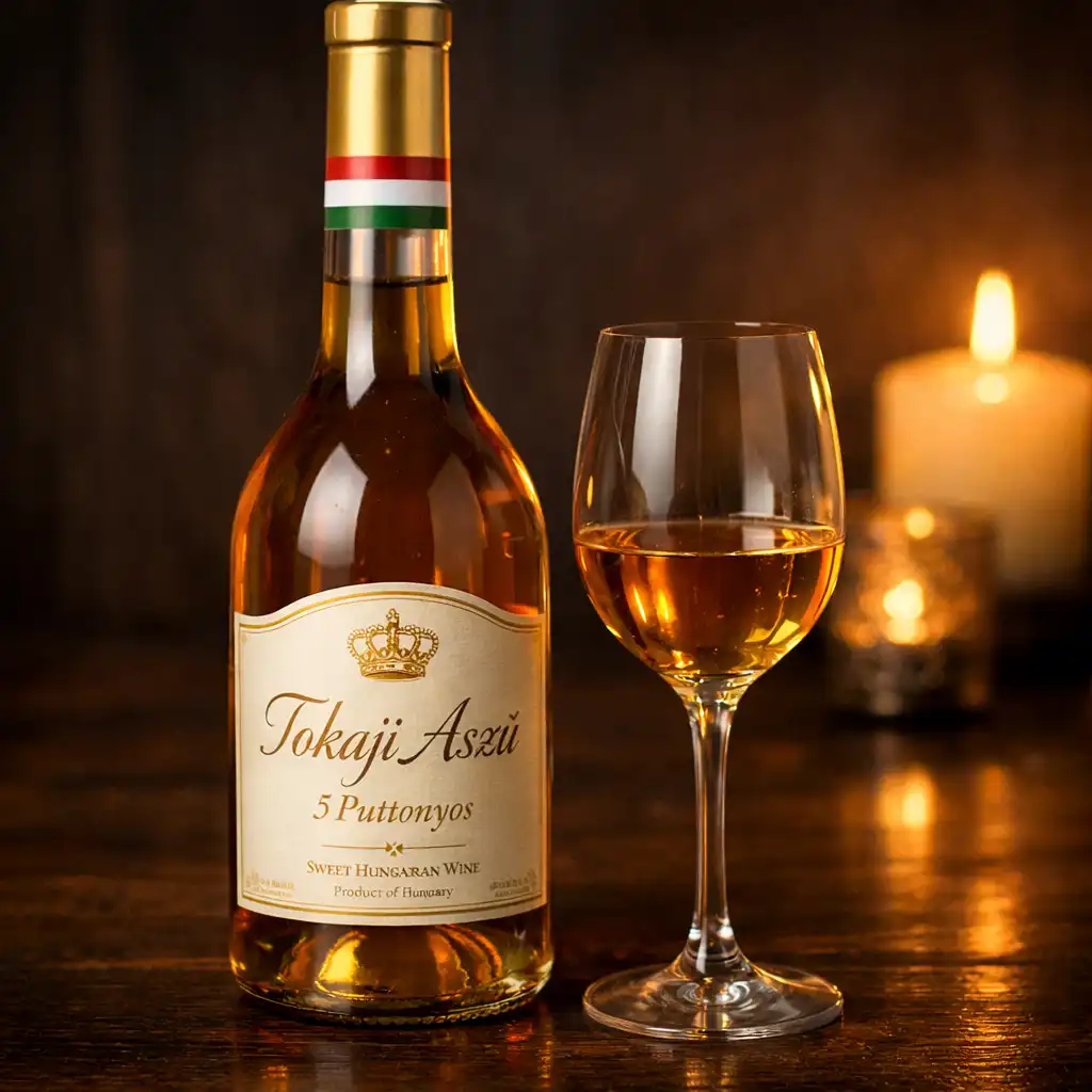 Prémium Tokaji Aszú borospalack és egy pohár bor