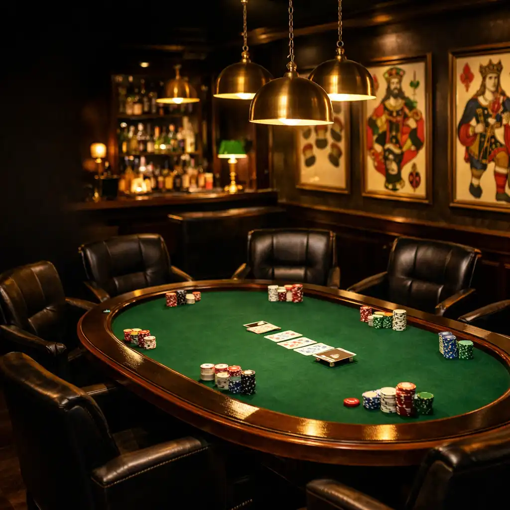 A Magyarasztal Poker Lounge elegáns belső tere zöld posztóval borított pókerasztallal és meleg sárgaréz világítással