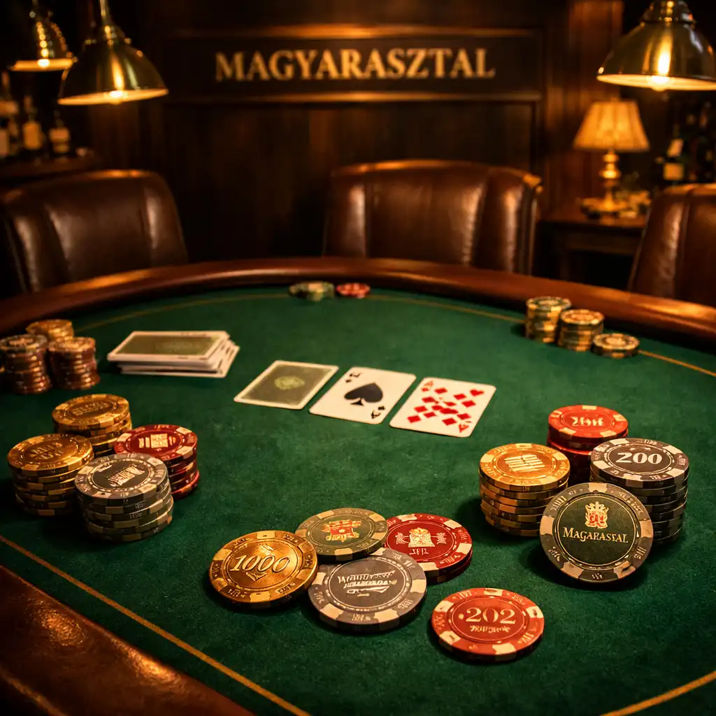 Bársonyzöld pókerasztal emlékzsetonokkal és kártyákkal a Magyarasztal lounge-ában